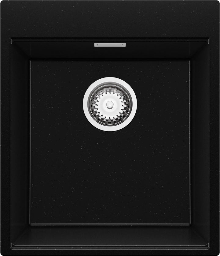 PRIMAGRAN Spülbecken Schwarz Metallic 43x50cm, Granitspüle 1 Becken + Ablauf-Set, Küchenspüle ab 45e