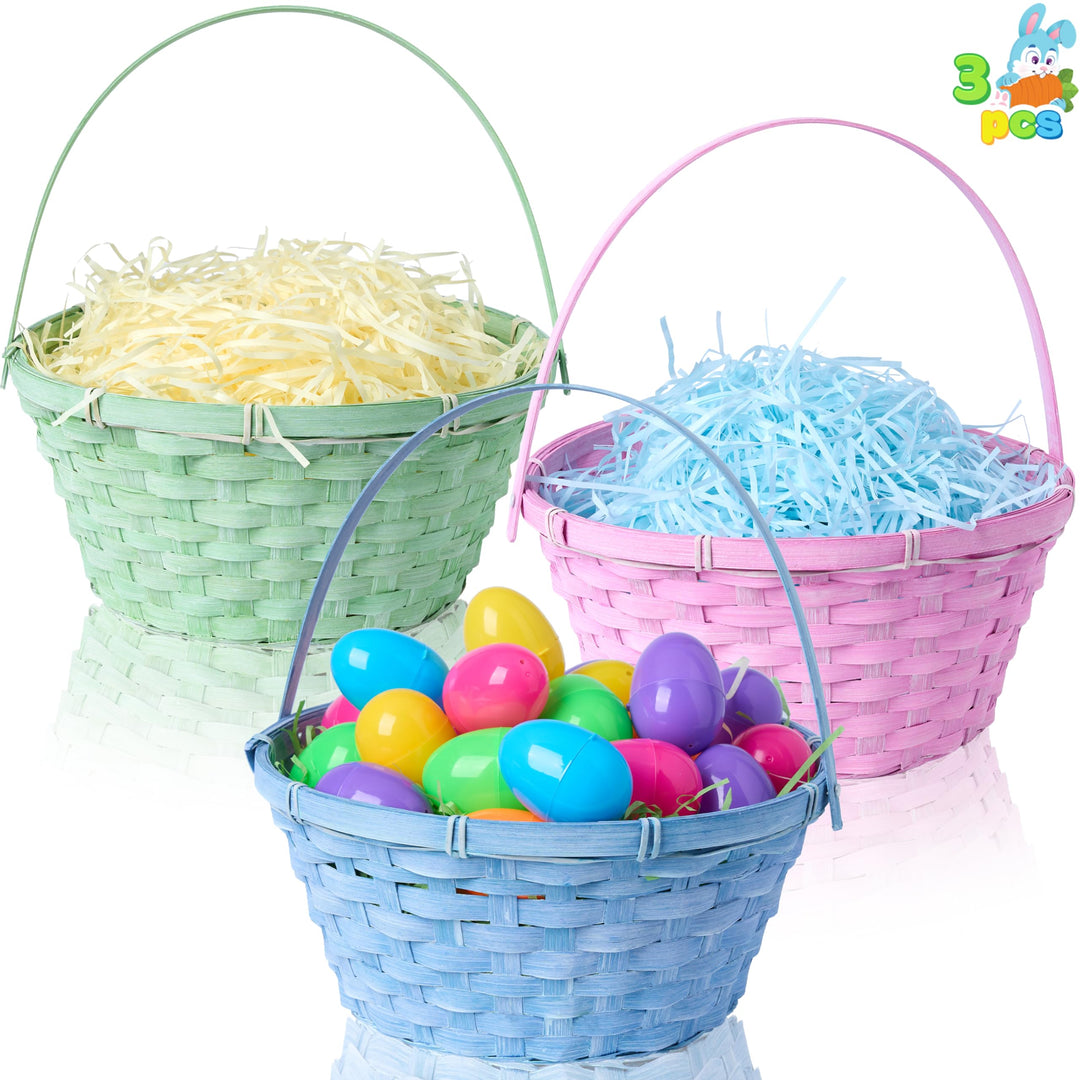 JOYIN 3 Stück Oster-Bambuskörbe, blau, rosa, grün, rund, gewebter Goodie-Korb mit klappbarem Griff,