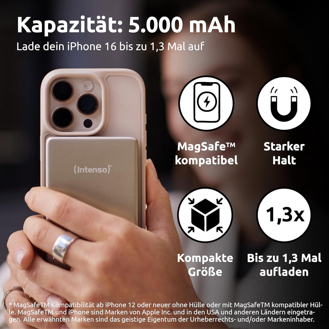 Intenso MW5000 Magnetische Powerbank 5000 mAh – MagSafe kompatibel, Wireless Charging 15W, USB-C PD