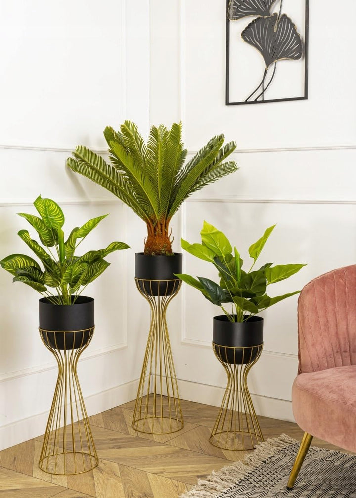 Moderne Blumenständer Metall 46 cm Hoch mit Schwarz Blumentopf Rund 18 cm Ø auf Robuste Gold Ständer