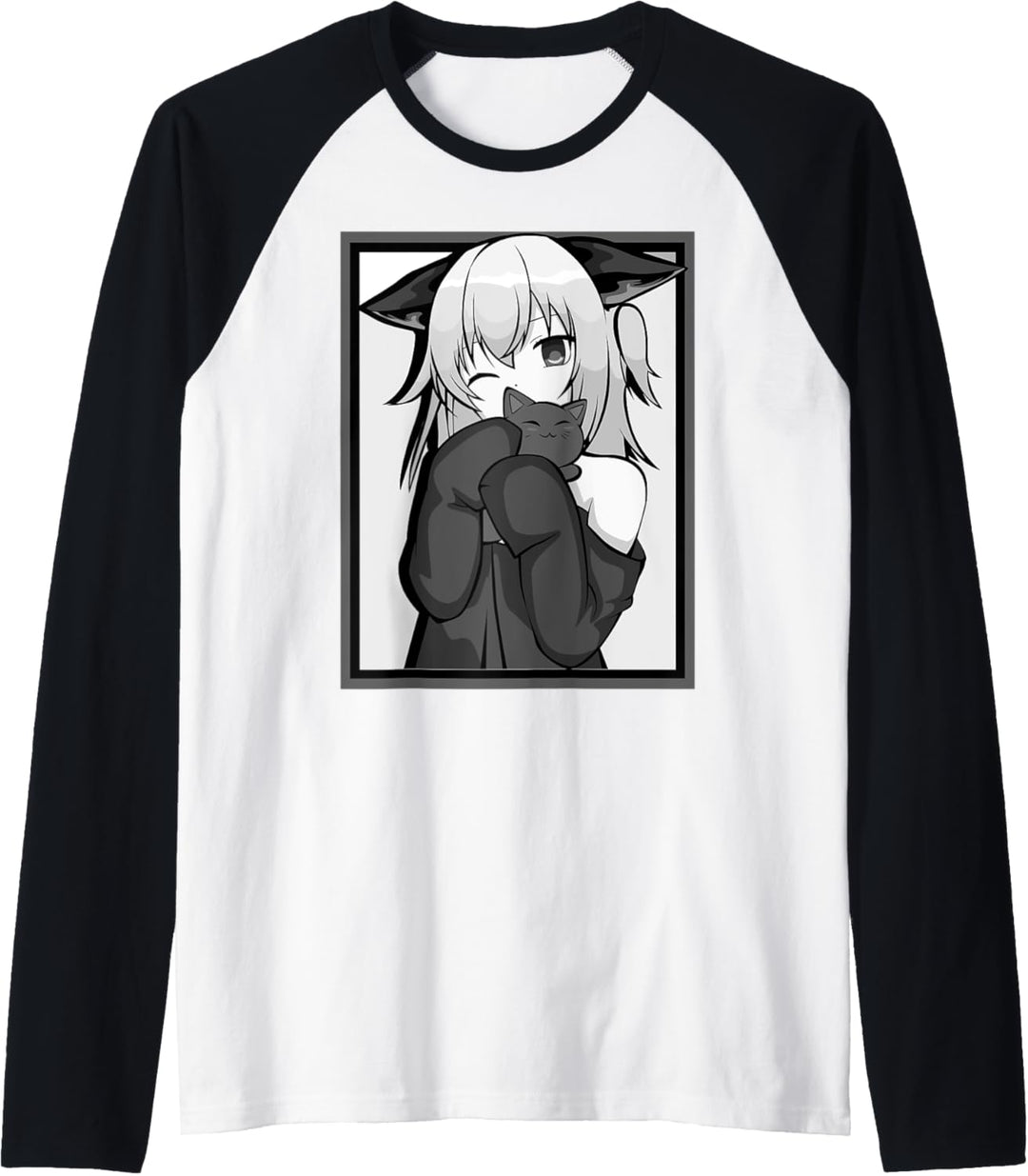 Anime-Girl, niedliches Katzen-Design, Schwarz und Weiss Raglan