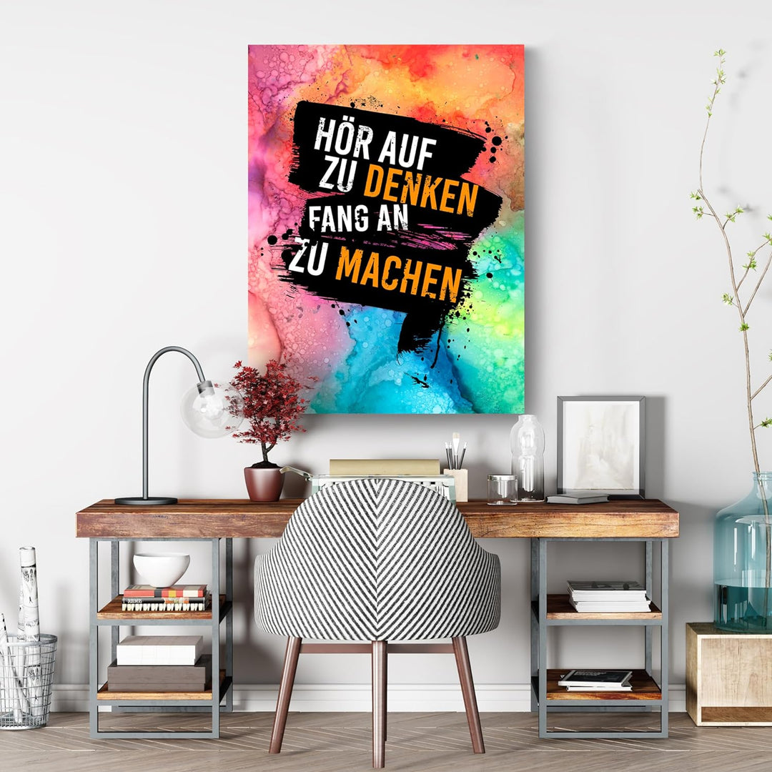 wandmotiv24 Motivations Motiv als Leinwandbild, 100x75cm, Hochformat, hör auf zu Denken, bunt, Orang