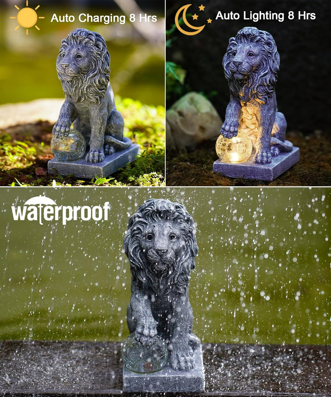 Yeomoo Löwen Figuren Deko mit Solarlampen Kugel Gartendeko - Löwe Solar Deko für Aussen Garten Lowe