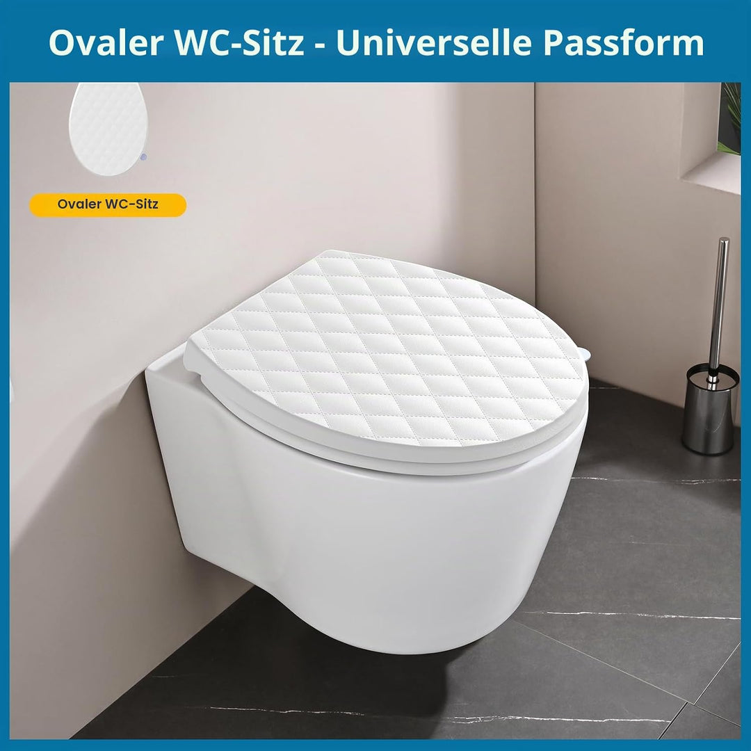 WC Sitz mit Absenkautomatik Oval Weiss, Toilettendeckel mit Rauten, Klobrille mit Schnellverschluss,