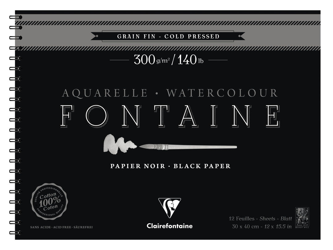 Clairefontaine 975312C - Malblock Fontaine mit Spiralbindung mit 12 Blatt, feine Körnung 300g 30x40c