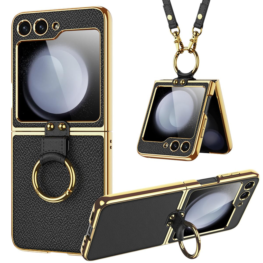 Miimall Lederhülle Kompatibel mit Samsung Galaxy Z Flip 6/Flip7 FE Hülle mit Band+Ring Ständer [HD D