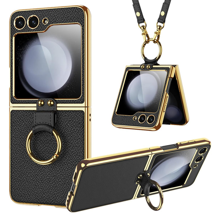 Miimall Lederhülle Kompatibel mit Samsung Galaxy Z Flip 6/Flip7 FE Hülle mit Band+Ring Ständer [HD D