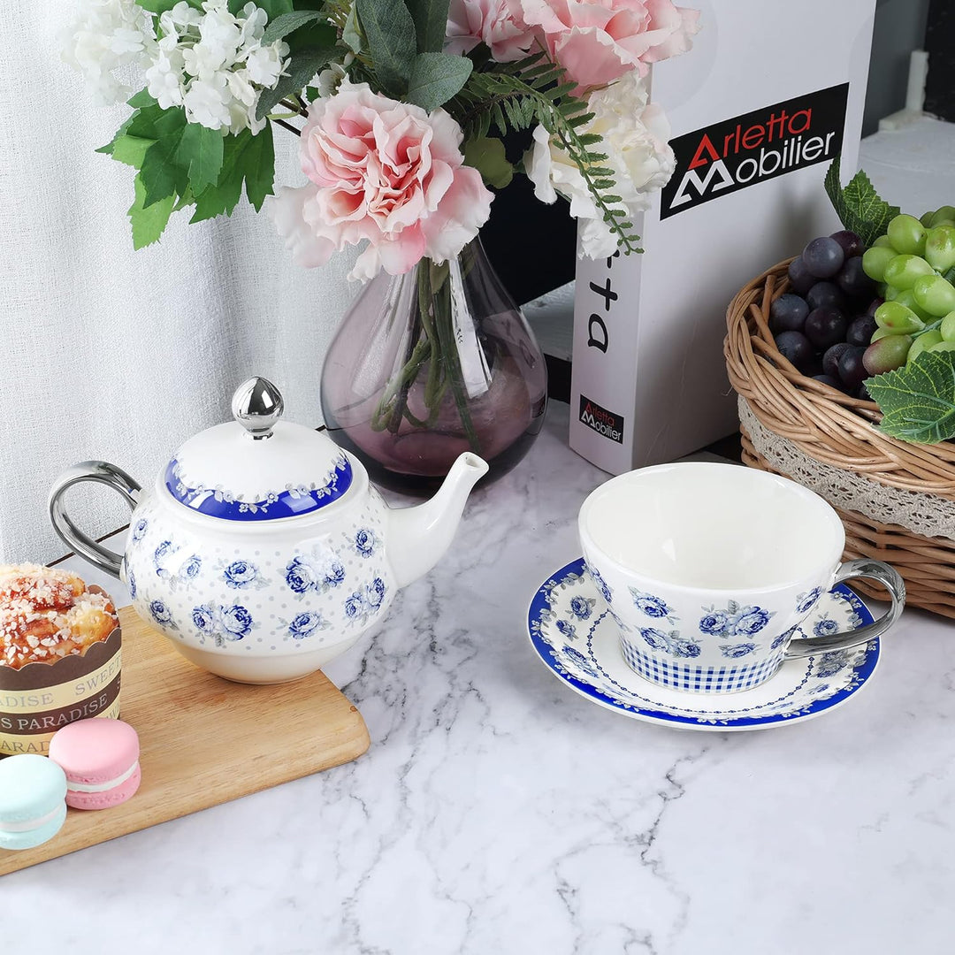 fanquare Vintage Blaue Blumen Tea for One Set, Tupfen Porzellan Kaffeetassen Set mit Teekanne, Tasse