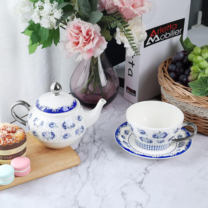 fanquare Vintage Blaue Blumen Tea for One Set, Tupfen Porzellan Kaffeetassen Set mit Teekanne, Tasse