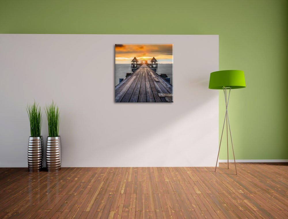 Pixxprint Alter Bootssteg beim Sonnenuntergang schwarz/weiss, Format: 70x70 auf Leinwand, 70x70