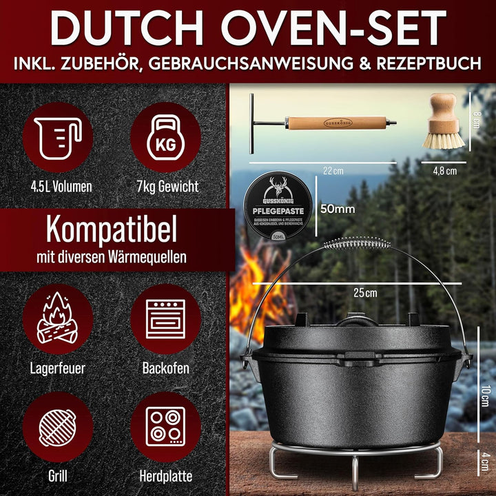GUSSKÖNIG Dutch Oven Set - Eingebrannter Dutch Oven 4,5L - Feuertopf Gusseisen ohne Füssen - Schmort