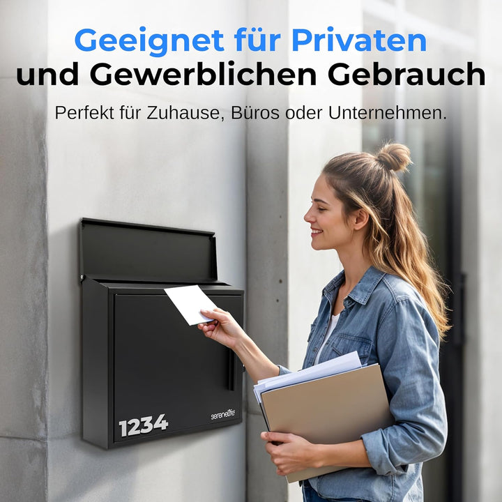 SereneLife Briefkasten Anthrazit – A4 Einwurf, 35x37x11,5cm, mit Schloss & 2 Schlüsseln, Wetterfest