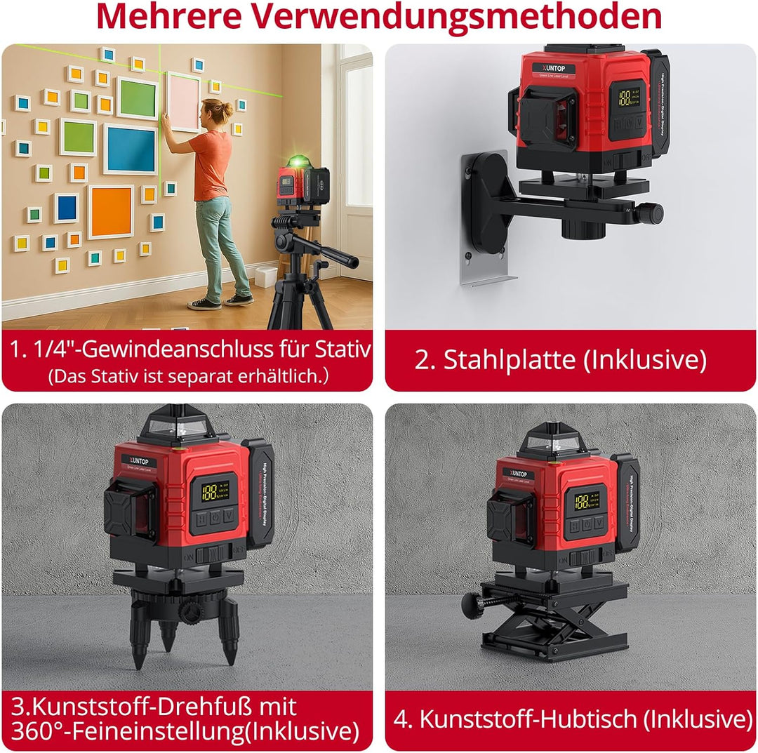XUNTOP Laser Wasserwaage Selbstnivellierend Kreuzlinienlaser Grüner Selbstnivellierend 16 Linienlase