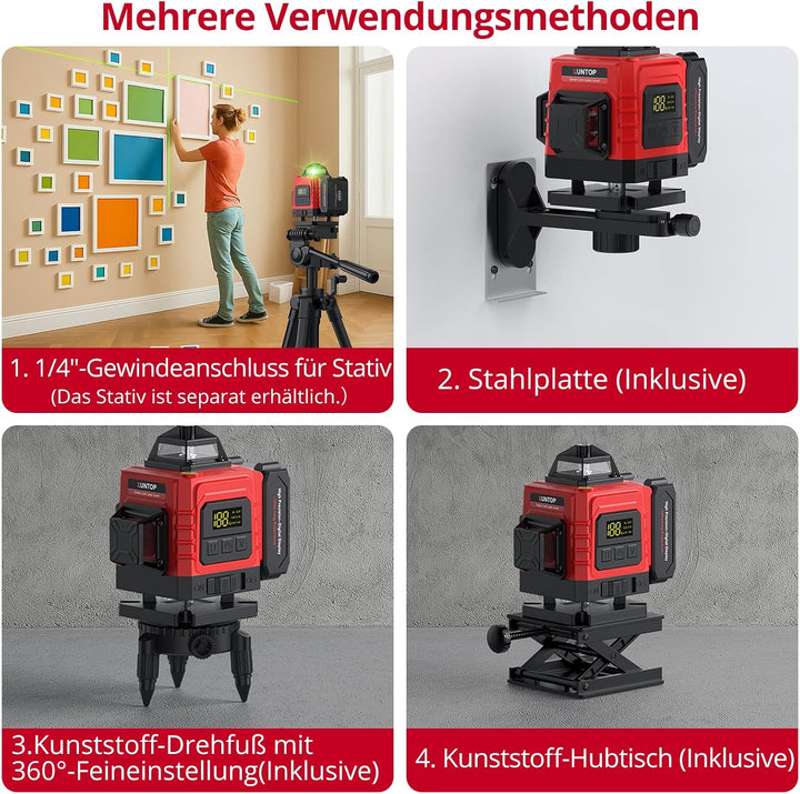 XUNTOP Laser Wasserwaage Selbstnivellierend Kreuzlinienlaser Grüner Selbstnivellierend 16 Linienlase