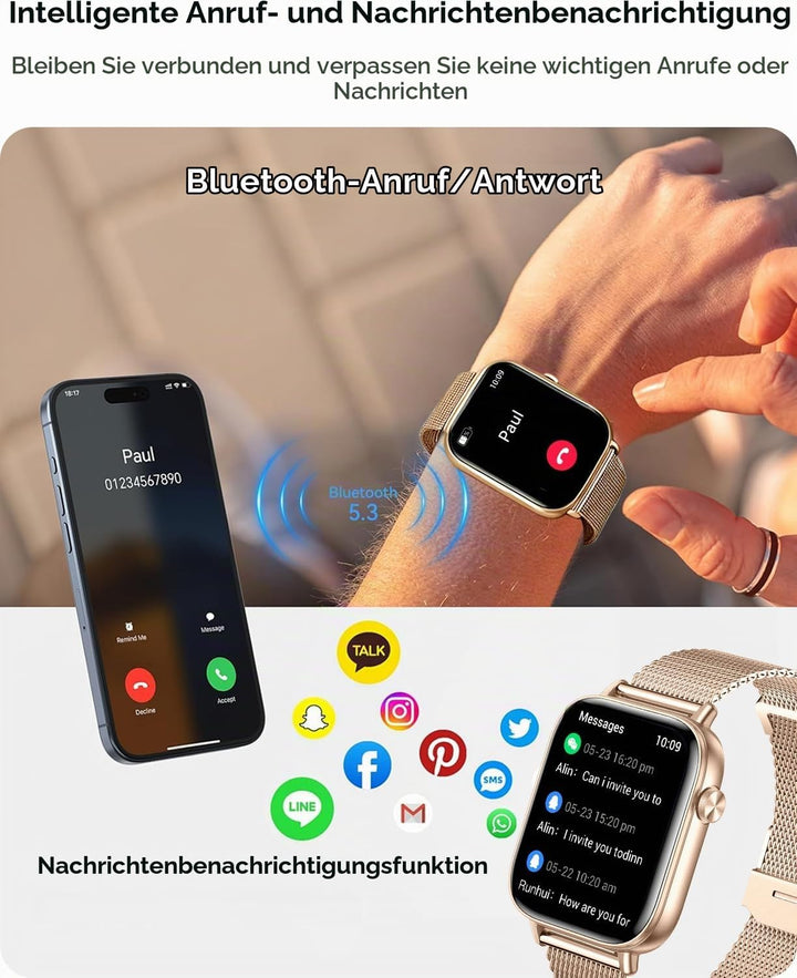 Smartwatch Damen, 1.83 Zoll HD-Display Smart Watch mit Telefonfunktion, 100+ Sportmodi Fitness Track