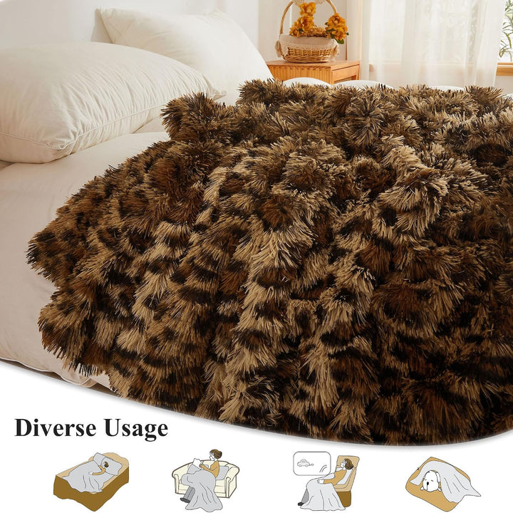 XeGe Luxus Kunstfell Leopardenmuster Kuscheldecke 127x152 cm, Weiche Plüsch Süsse Wohndecke, Flausch