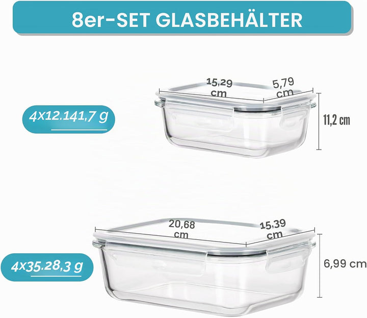 Vtopmart 8er-Pack Meal Prep Boxen Glas, Glasbehälter mit Deckel, (997ML &amp; 355 ML) Mealprepboxen, BPA