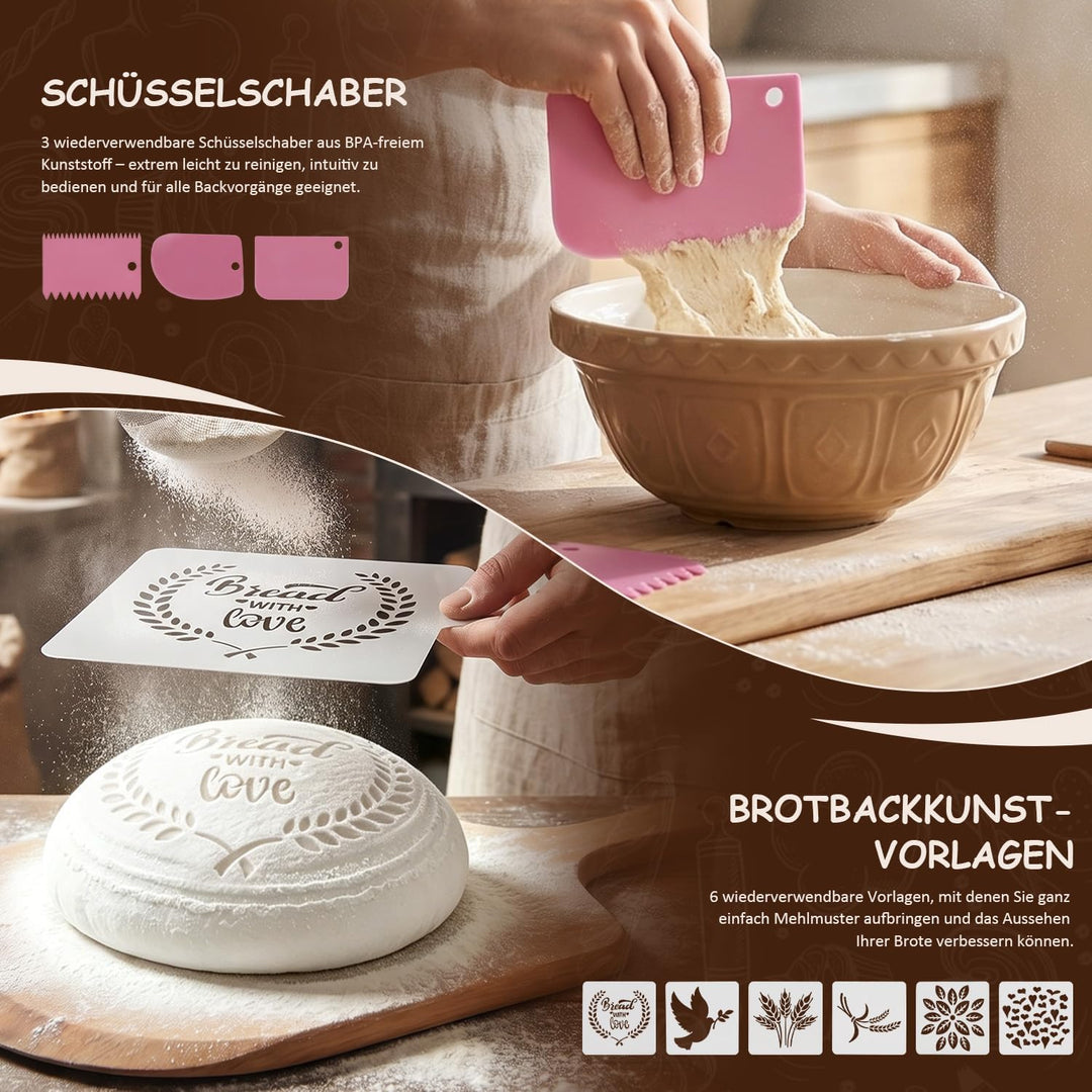 DARDVORLAG Sauerteig Starter Set,15 Teilig Gärkörbchen Brot Set mit Oval & Rund Gärkorb,Teigschaber,