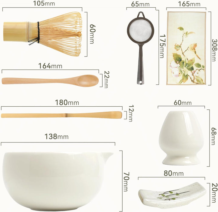 Matcha Set Beige (8-teilig) und Schale mit Ausgiesser, Premium Matcha Tee Set für Matcha Latte Zuber