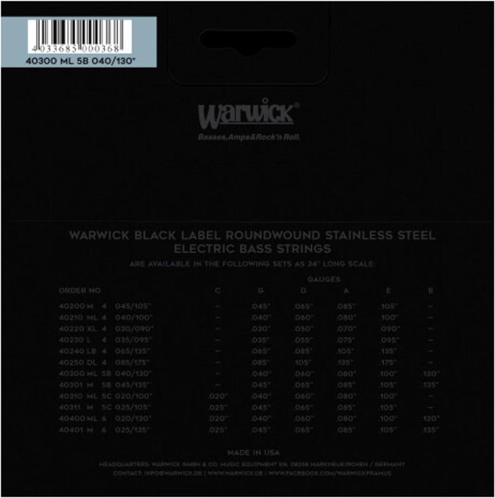 Warwick Black Label Bass .040-.130 - 5-String Set ML, Low B