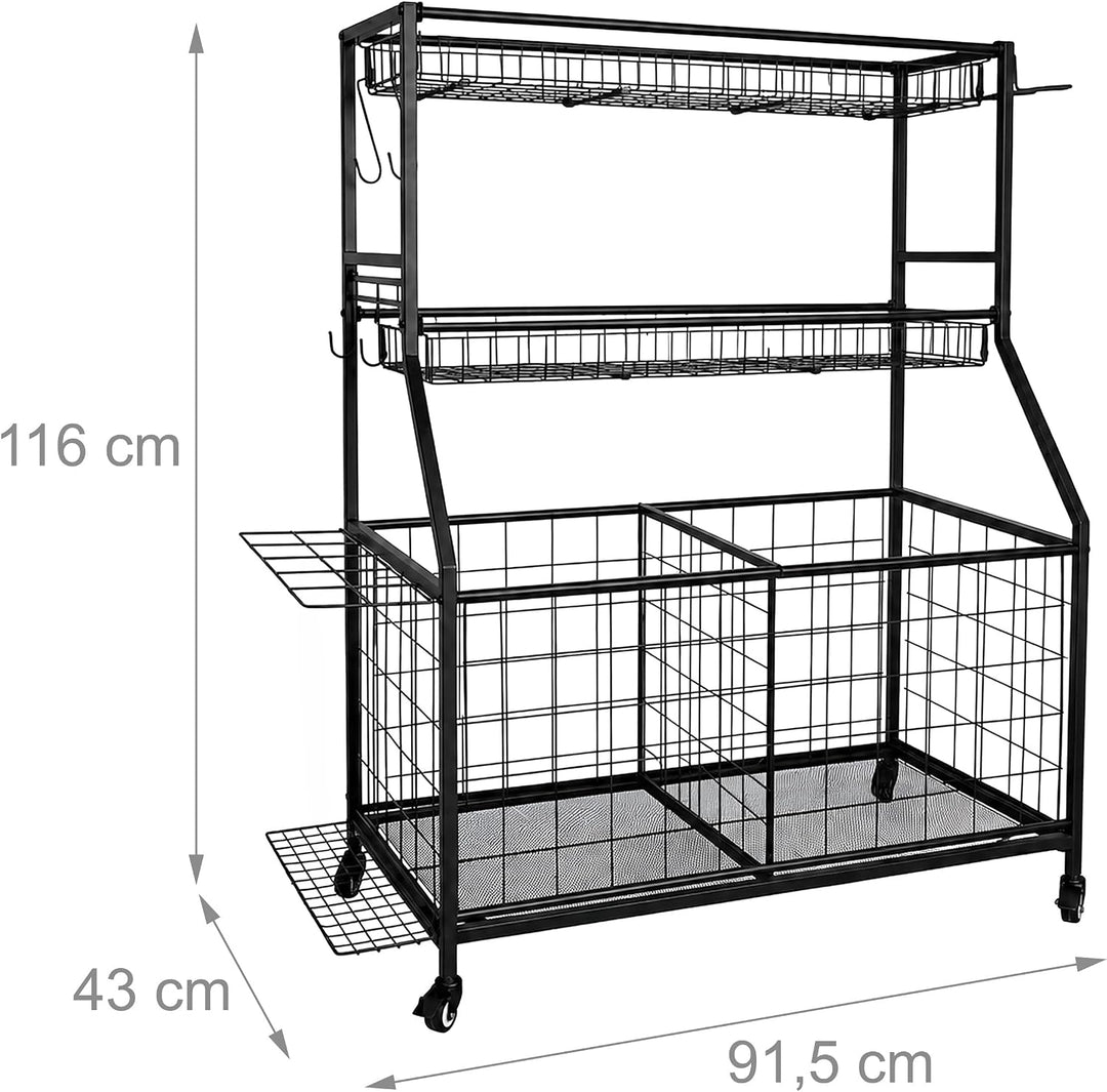 Relaxdays Sportgeräte Aufbewahrung, HBT: 116 x 91,5 x 43 cm, 4 Rollen, mit Bremse, Metall, Ballwagen