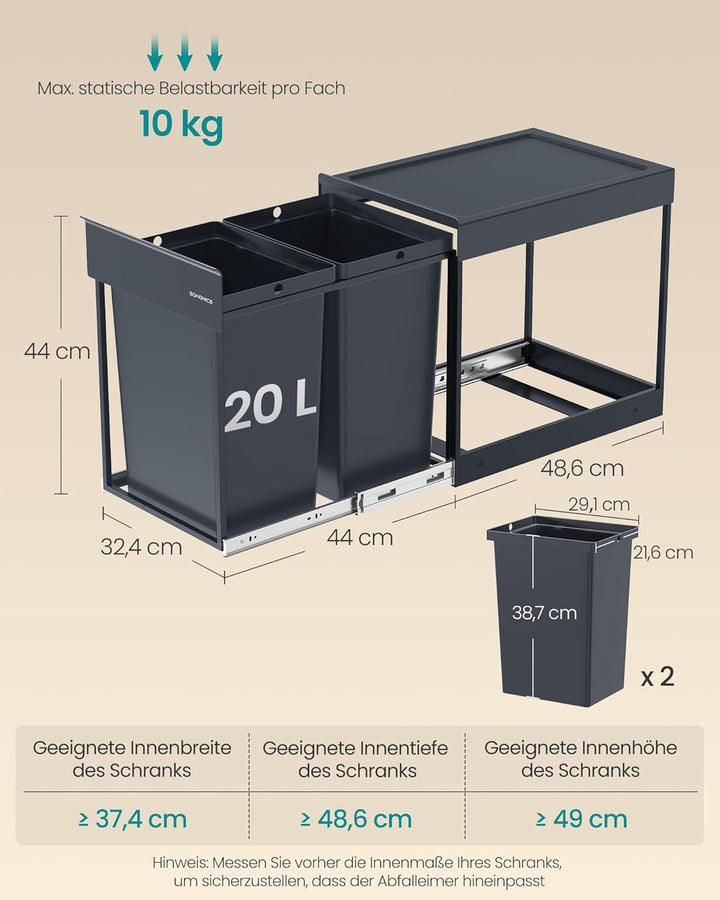 SONGMICS Mülleimer küche, Mülltrennsystem für Unterschrank, 2 x 20 L, Abfalleimer 2 Fächer, ausziehb