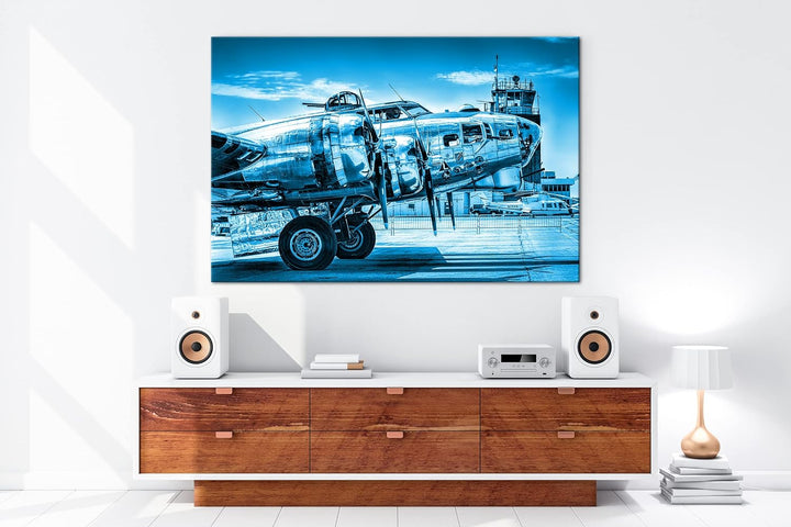 deyoli Silbernes Militär Flugzeug Format 80x60 Effekt: Monocrome Blau als Leinwandbild, Motiv fertig