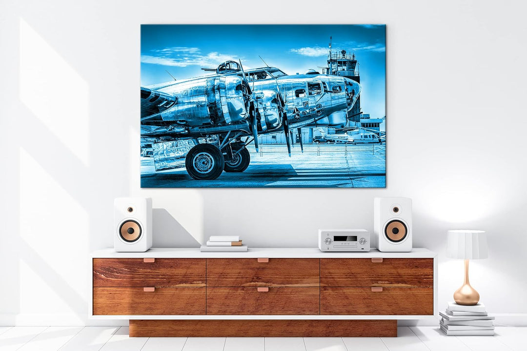 deyoli Silbernes Militär Flugzeug Format 100x70 Effekt: Monocrome Blau als Leinwandbild, Motiv ferti