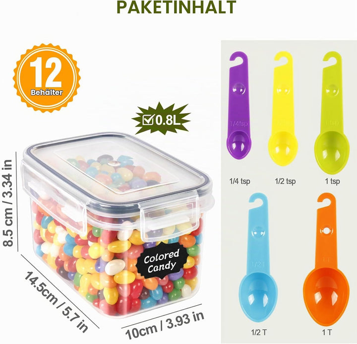 Cinnani 0.8L Vorratsdosen Set, Satz mit 12 Vorratsdosen mit Deckel Luftdicht, Müsli Schüttdose &amp; Fri