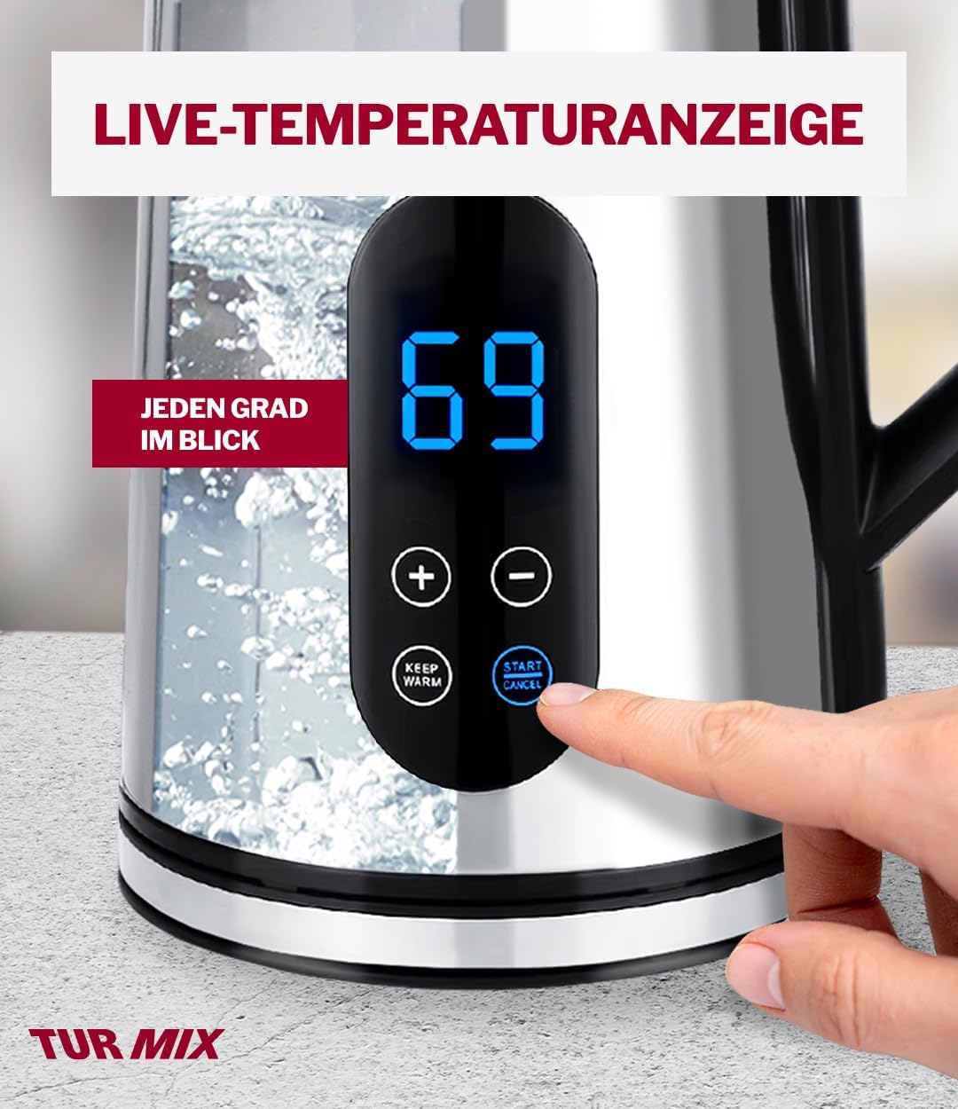 Turmix Wasserkocher mit Temperatureinstellung – 1,7L Digitaler Wasserkocher edelstahl mit LED-Anzeig