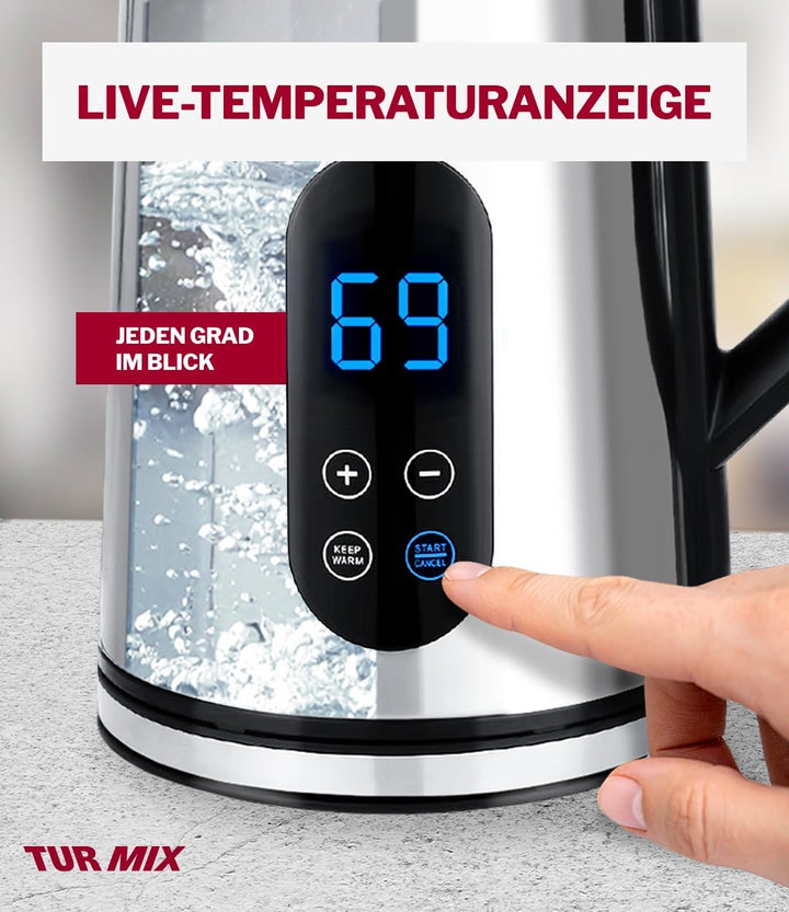 Turmix Wasserkocher mit Temperatureinstellung – 1,7L Digitaler Wasserkocher edelstahl mit LED-Anzeig