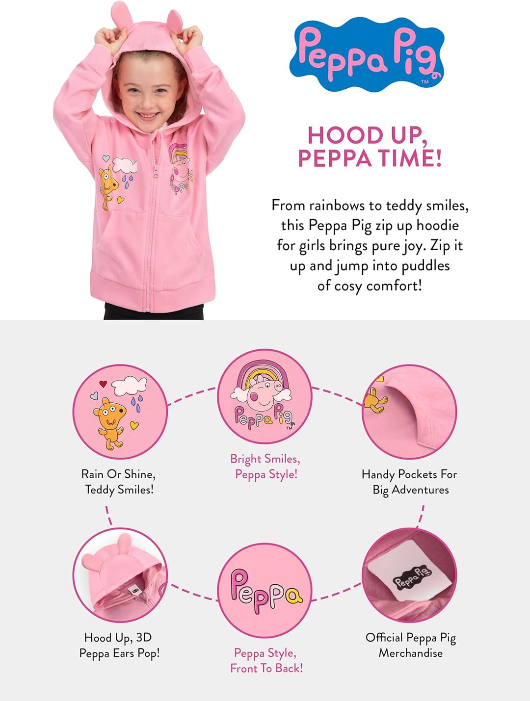 Peppa Pig Hoodie Mädchen, Zip Hoodie Kinder Mit 3D Ohren, Rosa Mädchen Kleidung Aus Baumwolle 98, 98