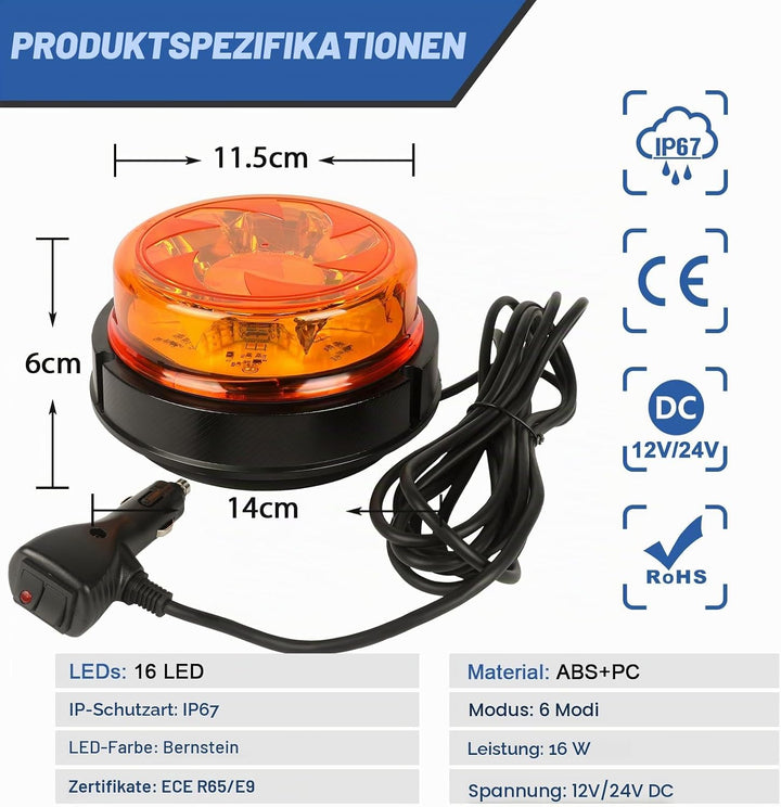 Qiping 12V 24V LED Rundumleuchte Gelb mit Magnet, 6 Blitzmuster Orange Kennleuchte Magnetisch ECE R6