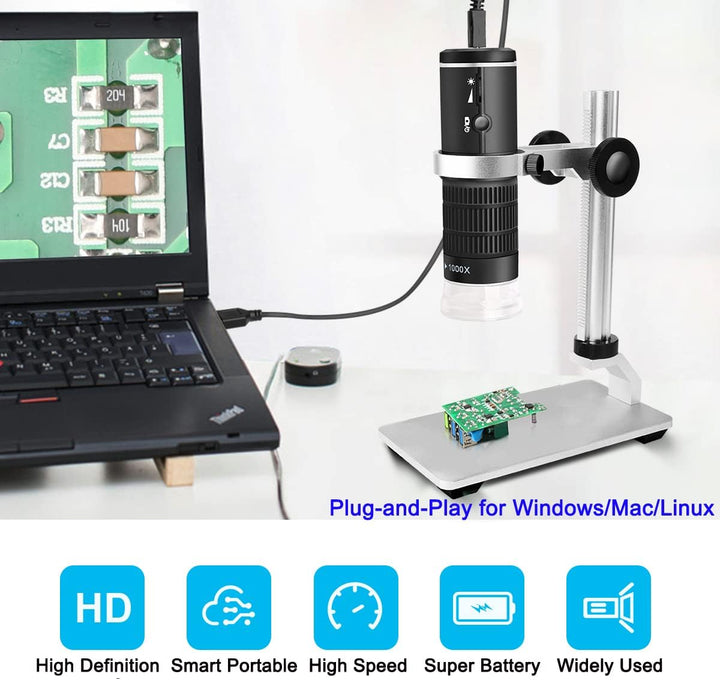 Jiusion WiFi USB-Digitalmikroskop HD Auflösung 50 bis 1000fache drahtlose Vergrösserung Endoskop 8 L
