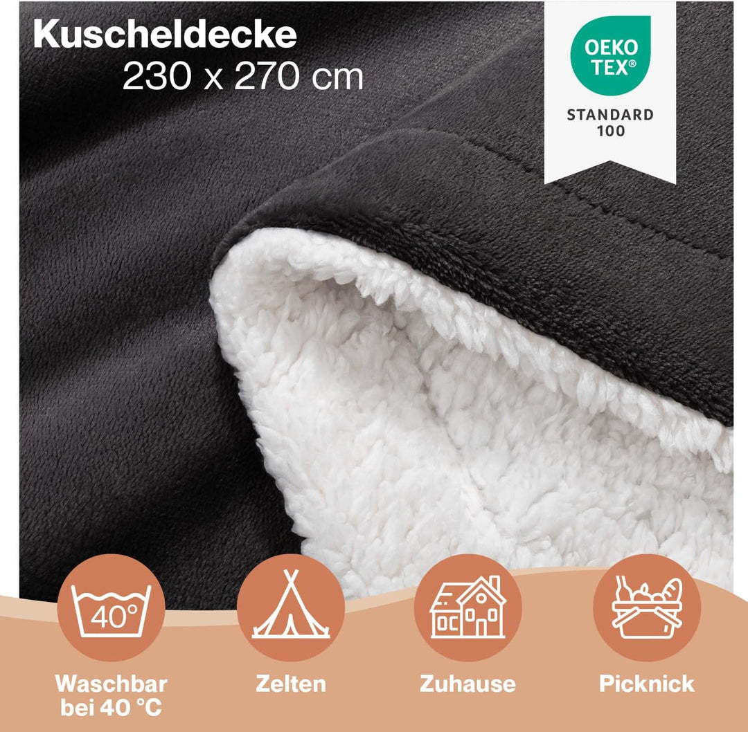 Blumtal Premium Sherpa Kuscheldecke 230 x 270 cm - warme Decke Oeko-TEX® zertifizierte Dicke Sofadec