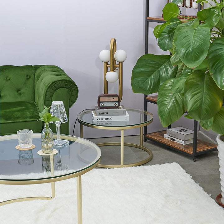 Gold Couchtisch Glas, Couchtisch 2er Set mit 1 Grosser Couchtisch Rund und 1 Kleiner Tisch, Beistell