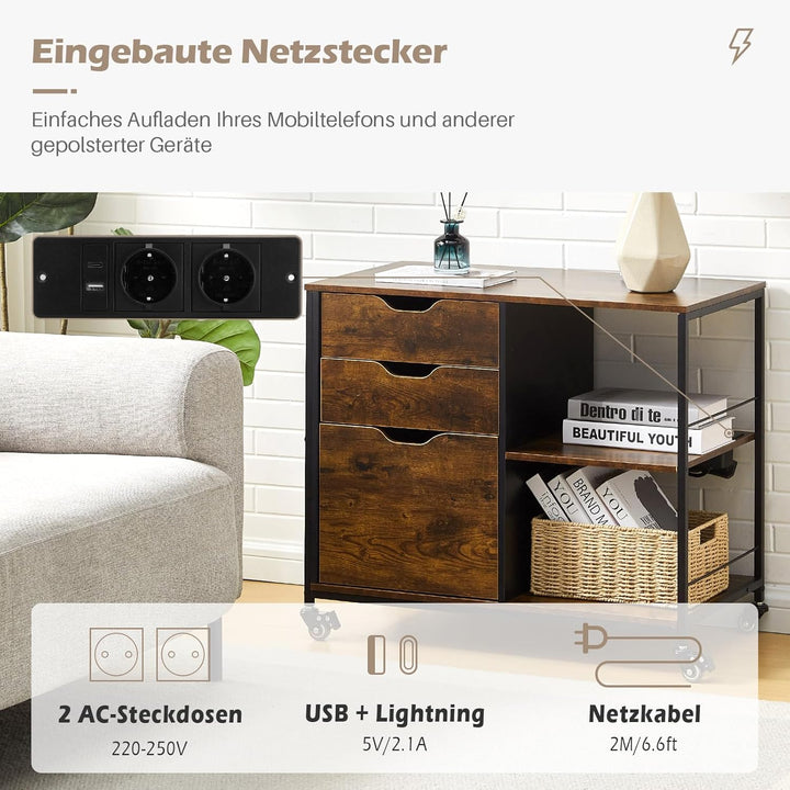 TUKAILAI Rollcontainer Holz, Aktenschrank mit 3 Schubladen und 2 offenen Fächern, Büroschrank mit Hä