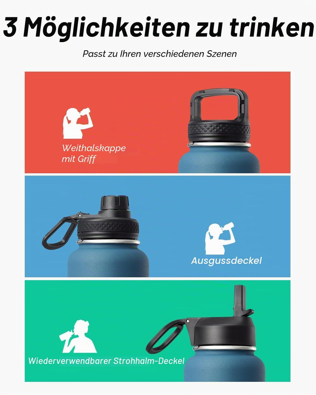 Coolflask Isolierte Wasserflasche 1L, Edelstahl Isolierte Wasserflasche mit Strohhalm & 3 Deckeln, D