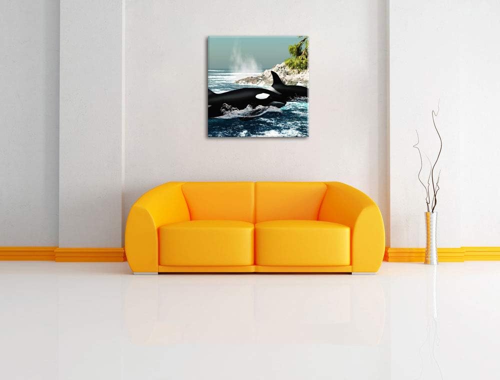 Pixxprint Orcas vor Insel, Format: 70x70 auf Leinwand, XXL riesige Bilder fertig gerahmt mit Keilrah