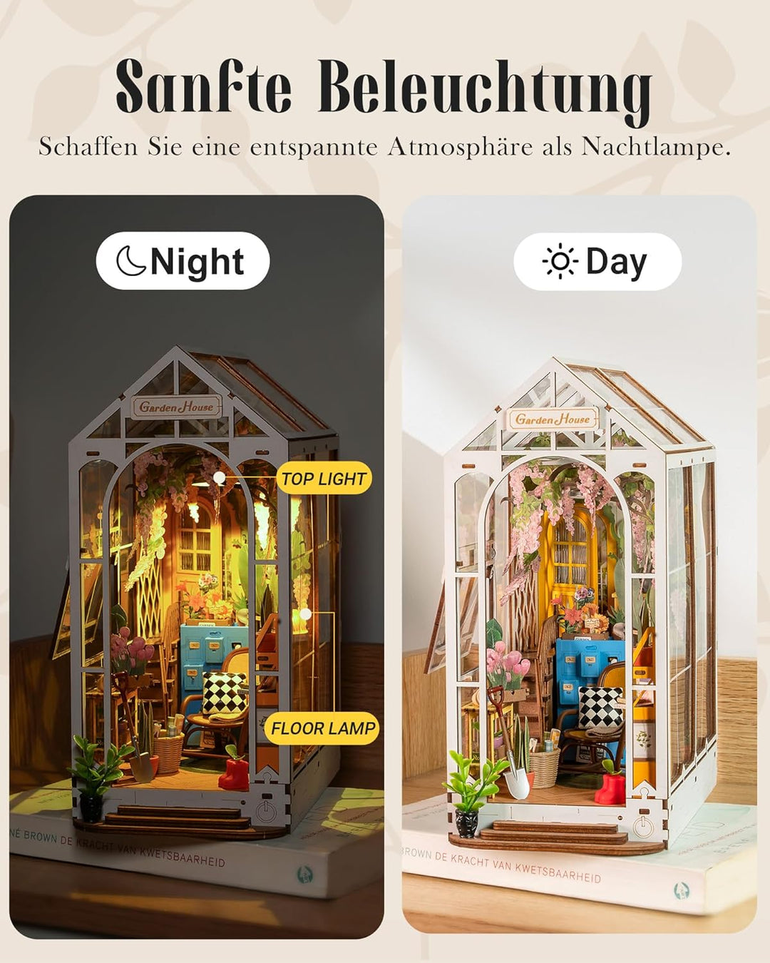 ROWOOD Book Nook Kit Gartenhaus, DIY Booknook Diorama Buchstütze Modellbausatz 3D Puzzle Aus Holz -