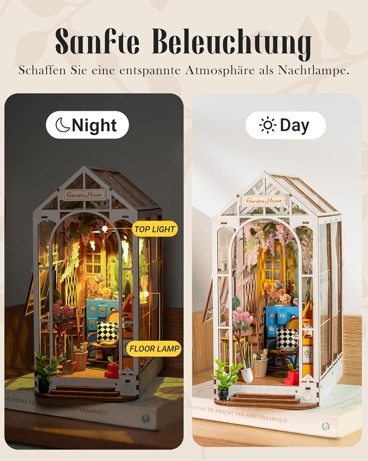 ROWOOD Book Nook Kit Gartenhaus, DIY Booknook Diorama Buchstütze Modellbausatz 3D Puzzle Aus Holz -