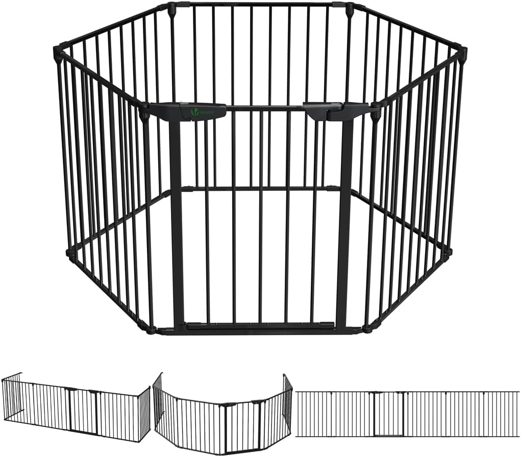 VOUNOT Kaminschutzgitter Freistehend mit Tür, 375cm inkl. 6 Elementen, Ofenschutzgitter Metall für K