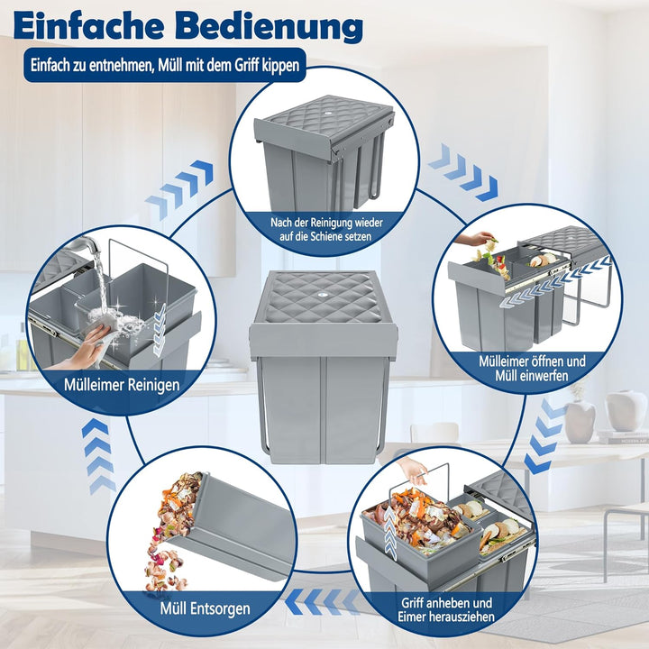 Grau 2 x 10L + 1 x 20L Einbaumülleimer Mülltrennsystem Ausziehbar Mehrfachbehälter Abfallsammler Sch