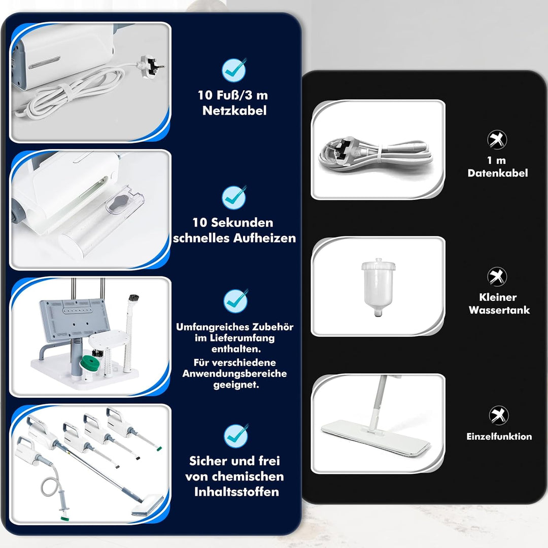10-in-1 Dampfreiniger, 1500W Steam Mop mit abnehmbarem Handgerät, 350-ml Wassertank, 10-Sekunden Auf