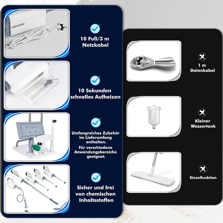 10-in-1 Dampfreiniger, 1500W Steam Mop mit abnehmbarem Handgerät, 350-ml Wassertank, 10-Sekunden Auf