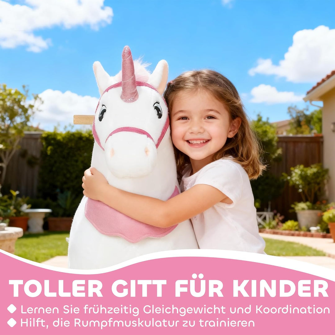 AIYAPLAY Reitpferd auf Rollen Spielpferd zum Reiten Stehpferd mit Einhorn-Design, Plüschpferd für 4-