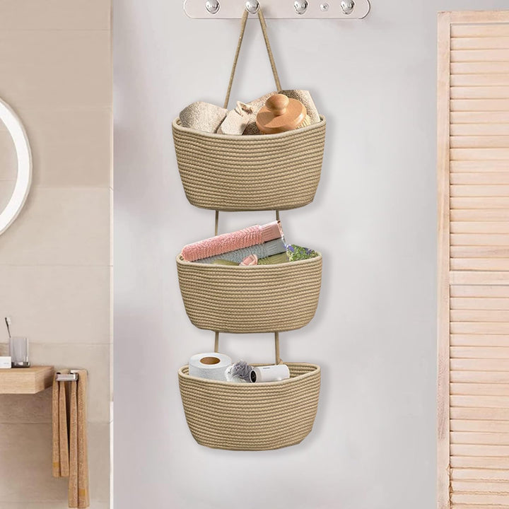 Royiwe Hängeorganizer Organizer Wand, Premium Leinen mit 3 stufiger Hängekorb aus Baumwollseil geweb