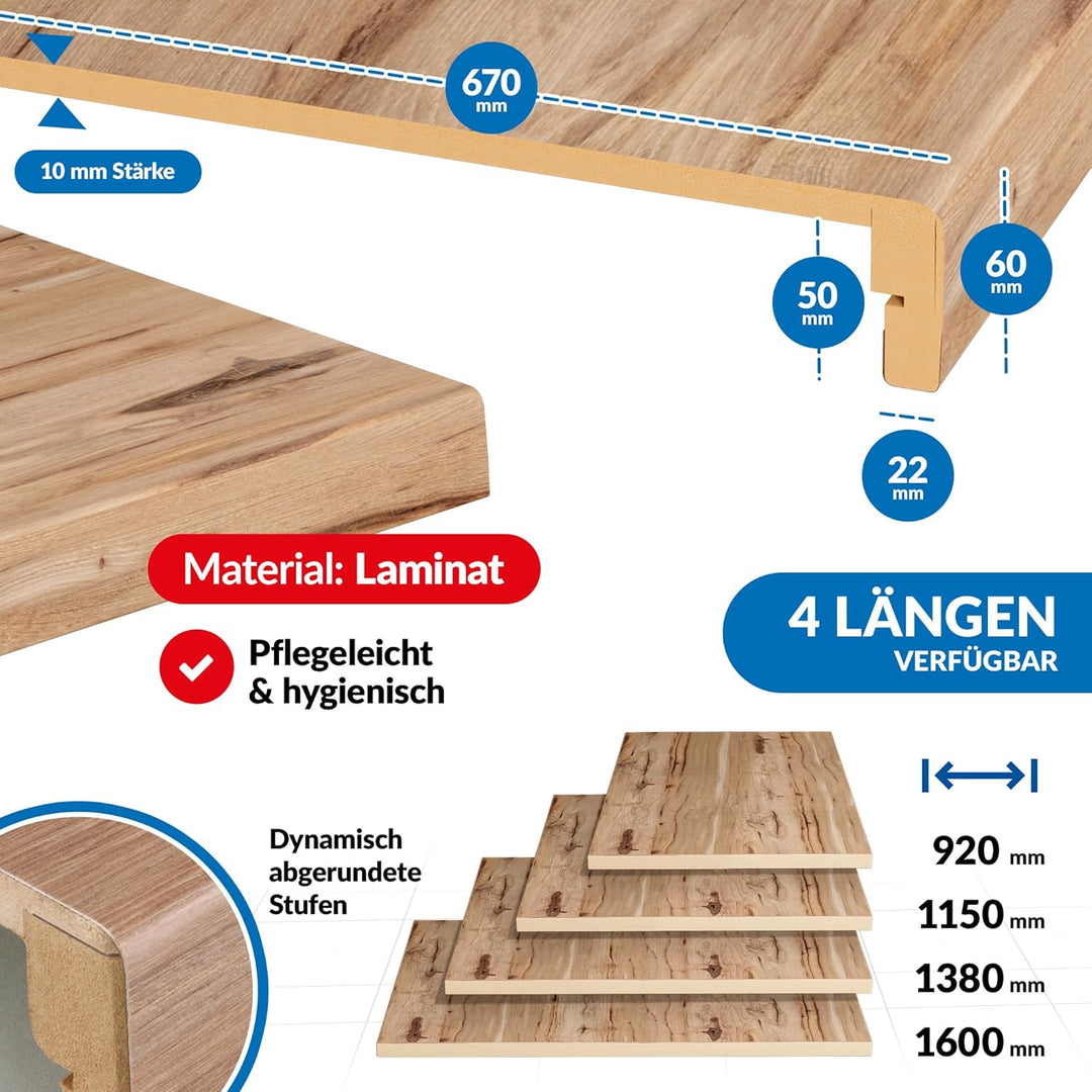 Treppenstufen mit U-Profil [LED-kompatibel] Renovierungsstufen für die Treppe, Laminat-Stufen, Tritt