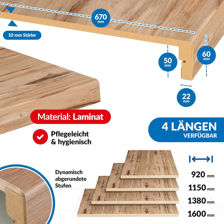 Treppenstufen mit U-Profil [LED-kompatibel] Renovierungsstufen für die Treppe, Laminat-Stufen, Tritt