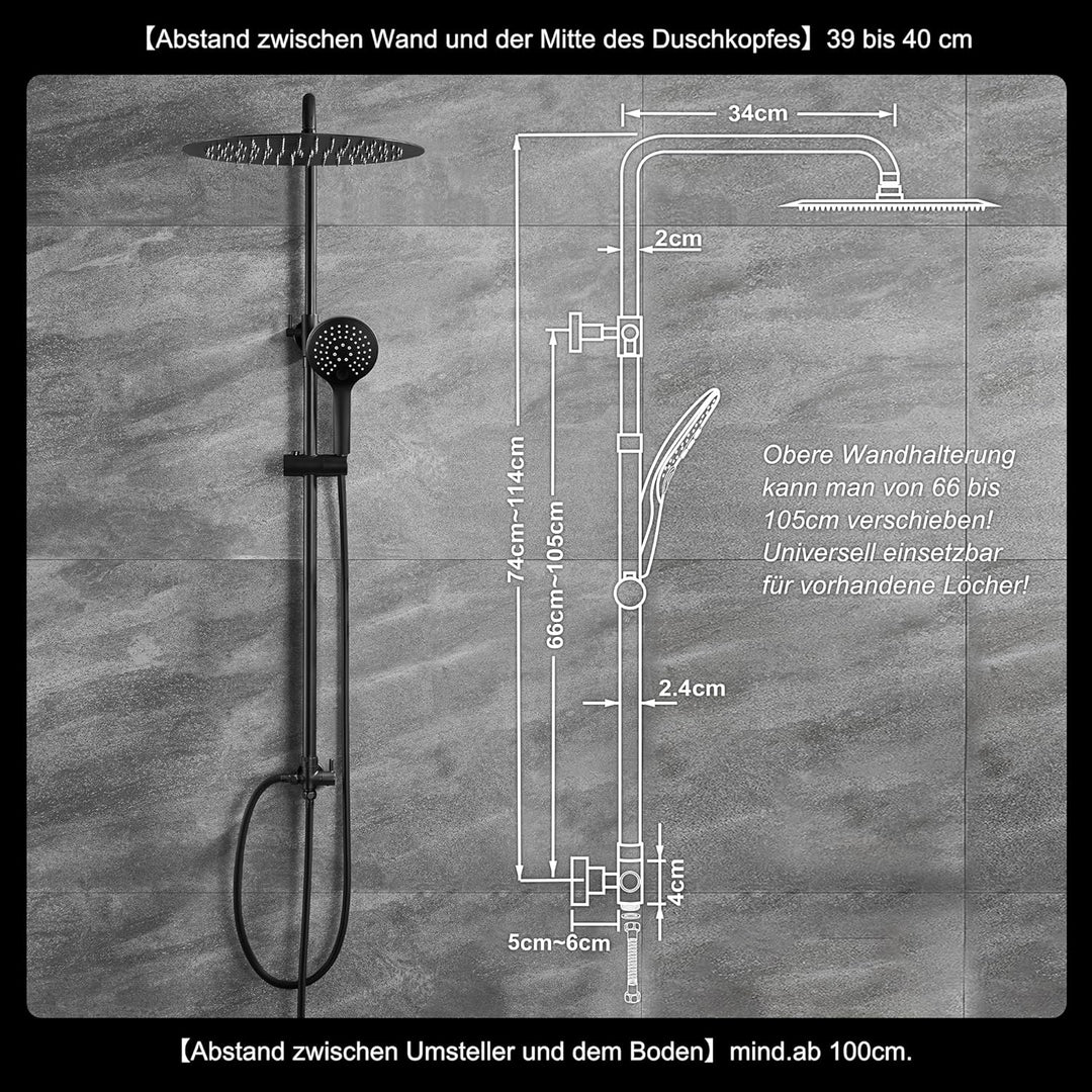 Görbach Duschset Duschsystem Überkopfbrauseset Duschstange Duschsäule ohne Duscharmatur matt schwarz